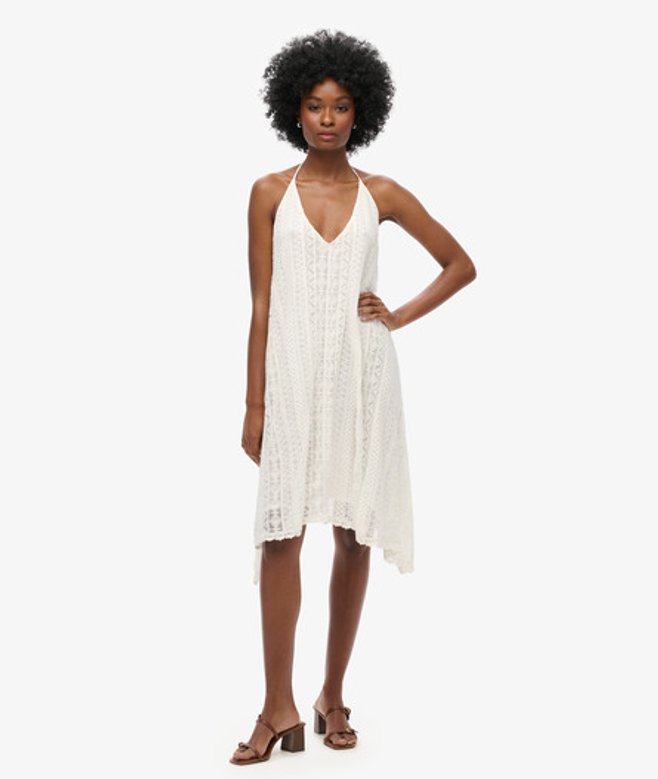 Superdry Damen Weiß Spitzenkleid in Midilänge Mit Spitze, Größe: 40 - Größe: 40 von Superdry