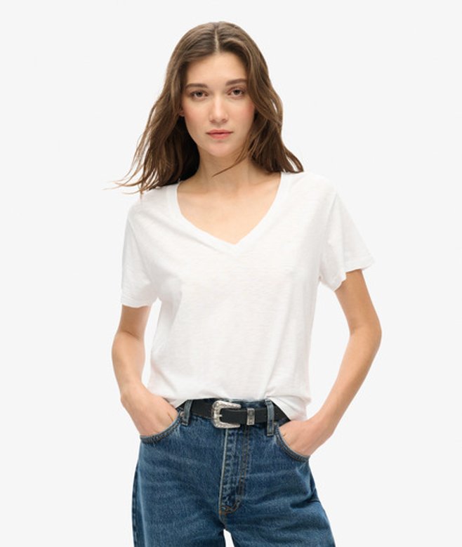 Superdry Damen Weiß Strukturiertes T-shirt Mit V-ausschnitt Und Stickerei, Größe: 44 - Größe: 44 von Superdry