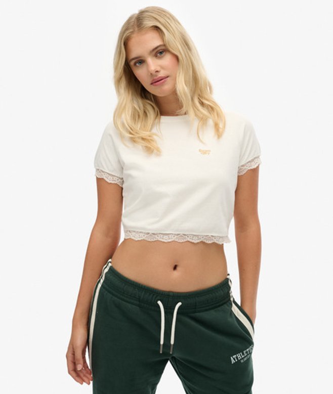 Superdry Damen Weiß T-Shirt mit Spitzenbesatz im Stil der 90er Logostick, Größe: 42 von Superdry