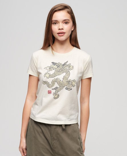 Superdry x Komodo Dragon Damen Creme Slim T-Shirt mit Grafikdruck, Größe: 38 von Superdry