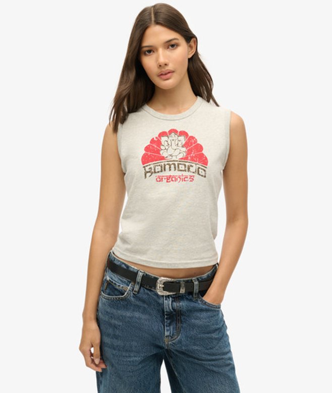 Superdry Damen x Komodo Ganesh Schmales Tanktop Hellgrau - Größe: 42 von Superdry