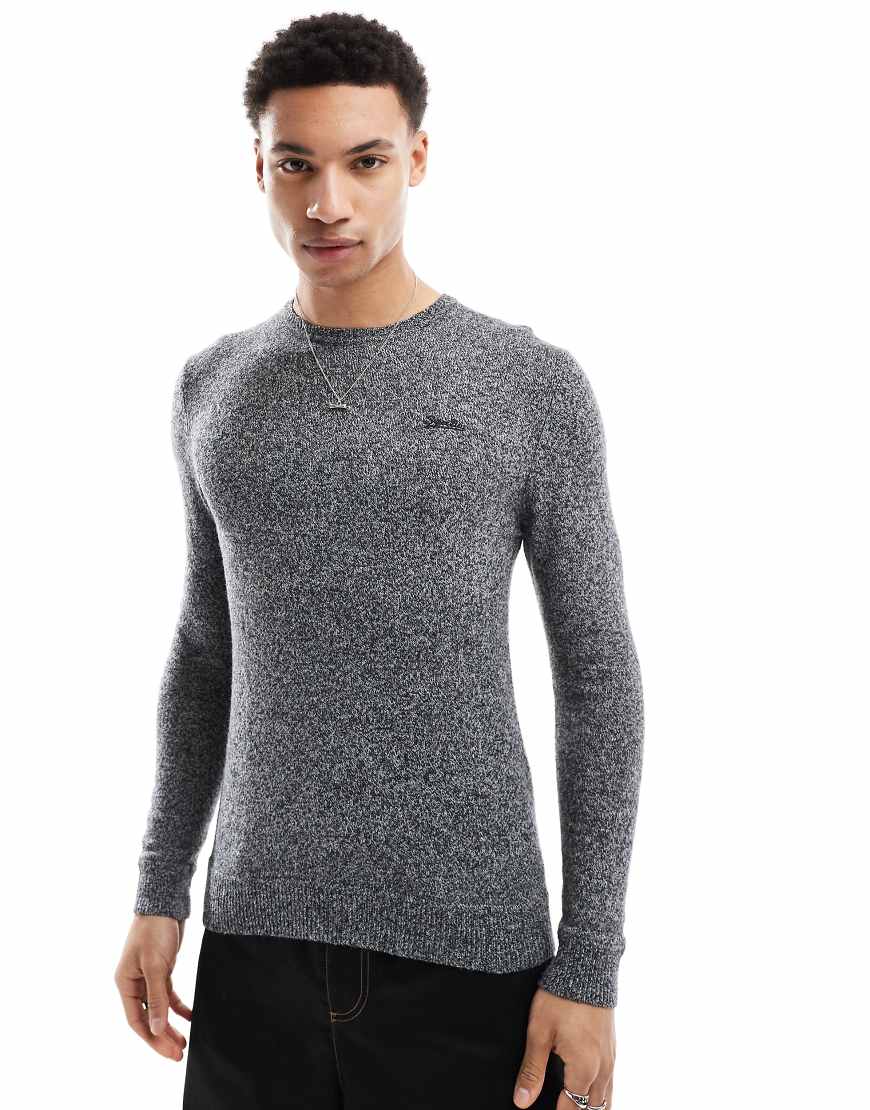 Superdry - Essential - Slim-Fit-Pullover in dunklem marmoriertem Anthrazit mit Rundhalsausschnitt-Grau von Superdry