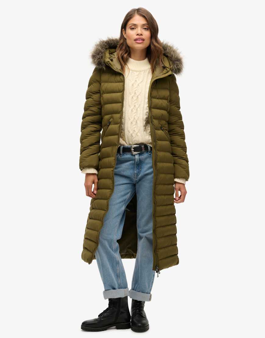 Superdry - Fuji - Longline-Jacke in meliertem Grau und Jaffa mit Kunstpelzbesatz-Grün von Superdry