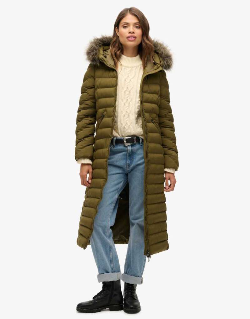 Superdry - Fuji - Longline-Jacke in meliertem Grau und Jaffa mit Kunstpelzbesatz-Grün von Superdry