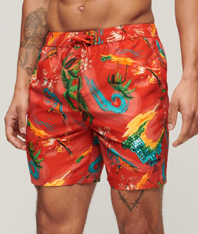 Superdry Herren 17" Badeshorts Aus Recyceltem Material Mit Hawaii-Print, Rot, Größe: L von Superdry
