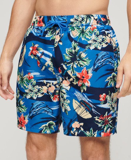 Superdry Herren 17" Badeshorts aus Recyceltem Material mit Hawaii-Print Blau - Größe: M von Superdry