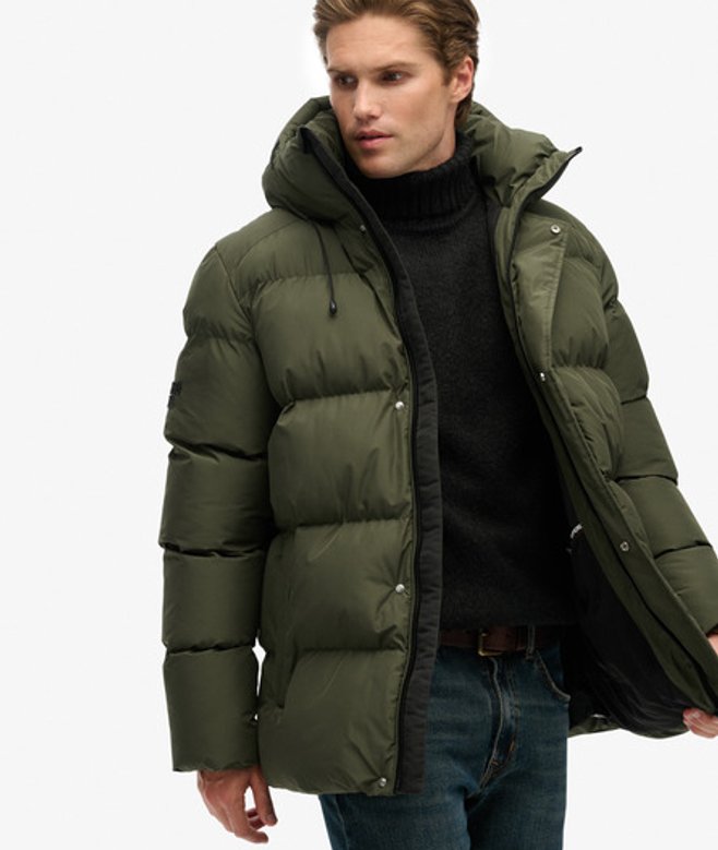 Superdry Herren Mittellange Sport-steppjacke mit Kapuze Khaki - Größe: XL von Superdry