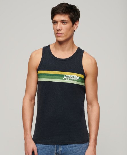 Superdry Herren Ärmelloses Gestreiftes Cali Tanktop mit Logo Marineblau - Größe: L von Superdry