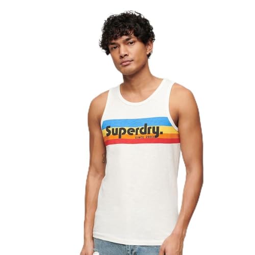 Superdry Herren Ärmelloses gestreiftes Cali Tanktop mit Logo Ecru Strukturiert L von Superdry