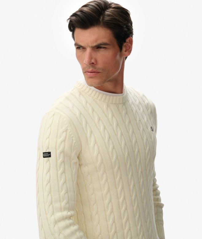 Superdry Herren Baumwoll-zopfmuster Rundhals-pullover Cream - Größe: L von Superdry
