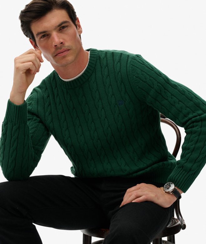 Superdry Herren Baumwoll-zopfmuster Rundhals-pullover Green - Größe: S von Superdry