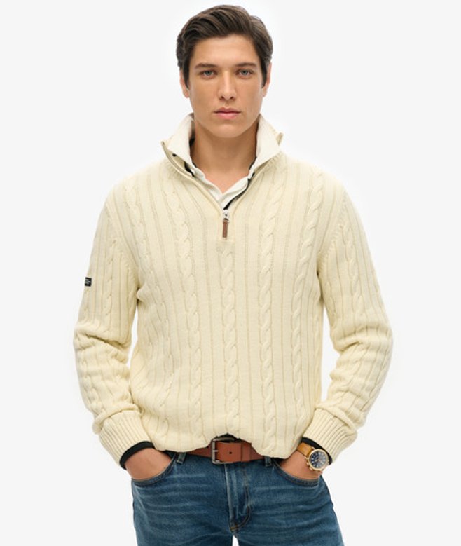 Superdry Herren Organic Cotton Klassischer Zopfmuster-pullover mit Reißverschluss Cream - Größe: XL von Superdry