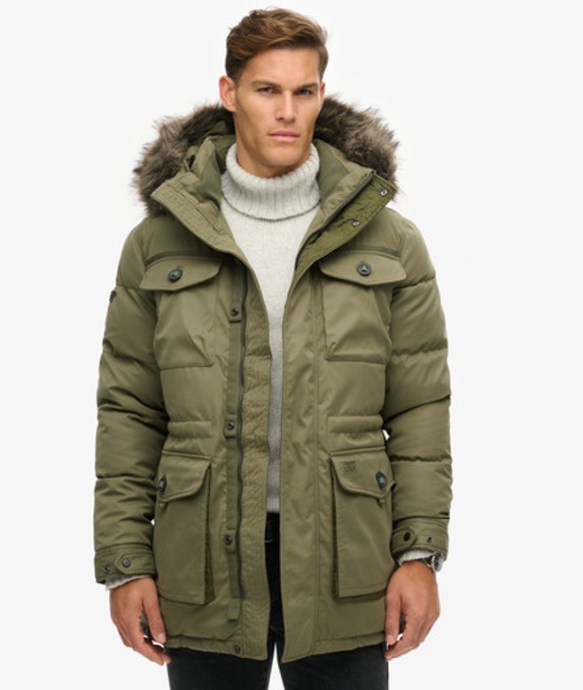 Superdry Herren Grün Chinook Parka mit Kunstfellbesatz, Größe: L von Superdry