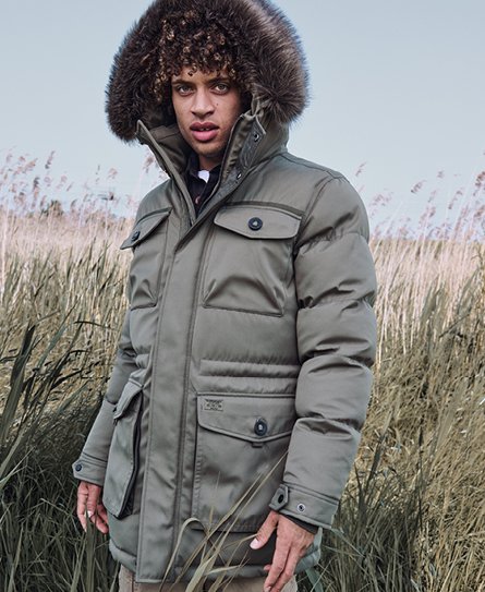 Superdry Men's Chinook Parka mit Kunstfellbesatz Grün - Größe: M von Superdry