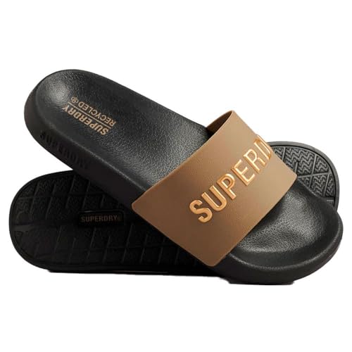 Superdry Herren Code Logo Vegan Pool Slide Flipflop, Schwarz, Fossil Braun, Metallic-Gold, X-Large von Superdry