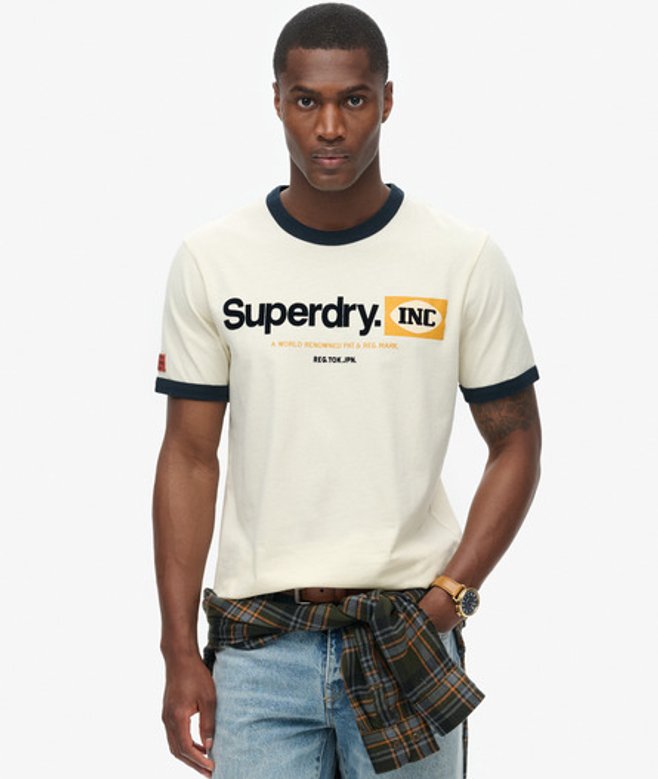 Superdry Herren Core Ringer Workwear T-shirt mit Grafik und Logo Creme - Größe: M von Superdry