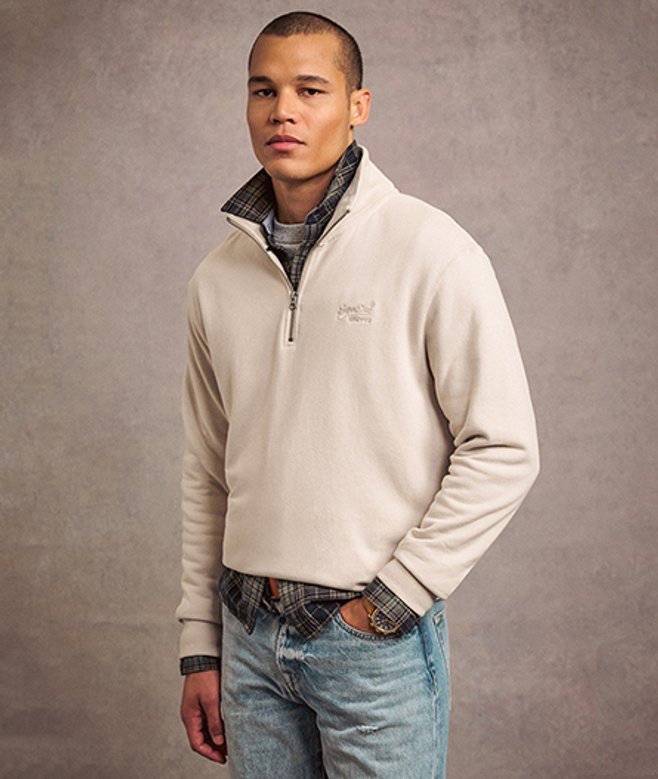 Superdry Herren Essential Henley Sweatshirt mit Logo Beige - Größe: M von Superdry