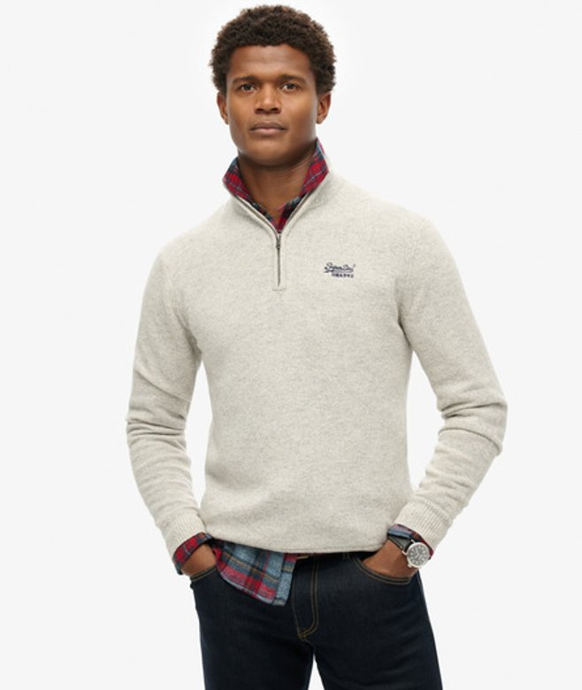Superdry Herren Essential Strickpullover mit Halbreißverschluss und Stickerei Grau - Größe: M von Superdry