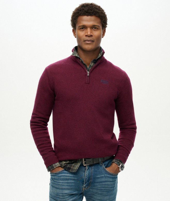 Superdry Herren Essential Strickpullover mit Halbreißverschluss und Stickerei Pink - Größe: L von Superdry