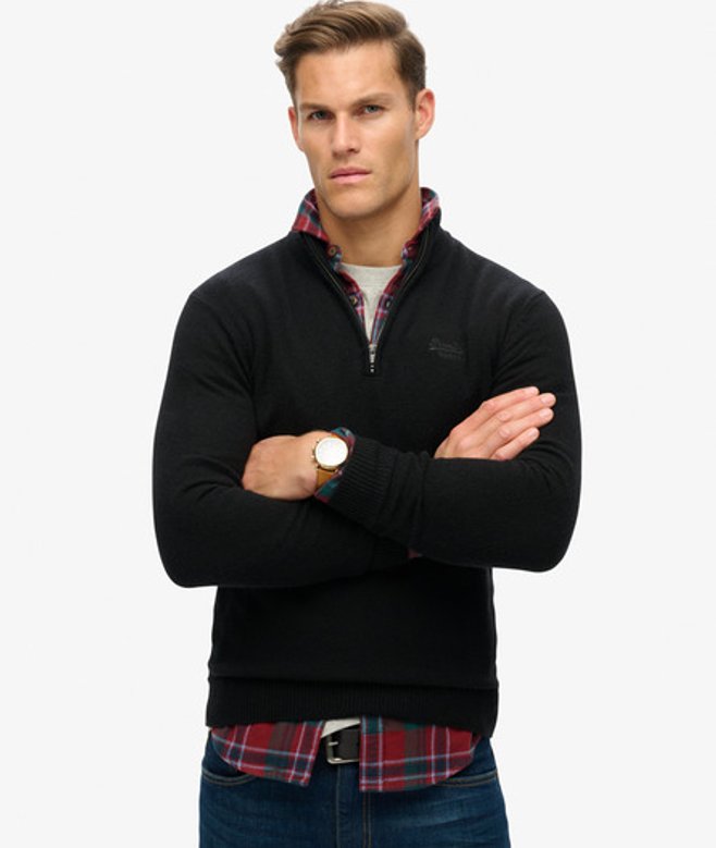 Superdry Herren Essential Strickpullover mit Halbreißverschluss und Stickerei Schwarz - Größe: XL von Superdry