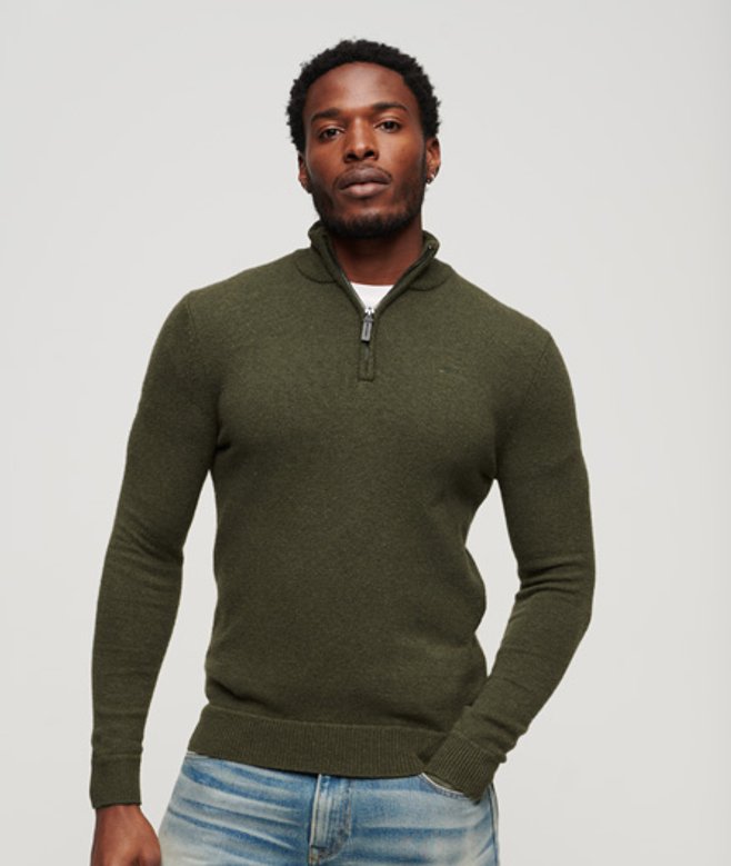 Superdry Herren Essential Strickpullover mit Kurzem Reißverschluss und Stickerei Grün - Größe: M von Superdry
