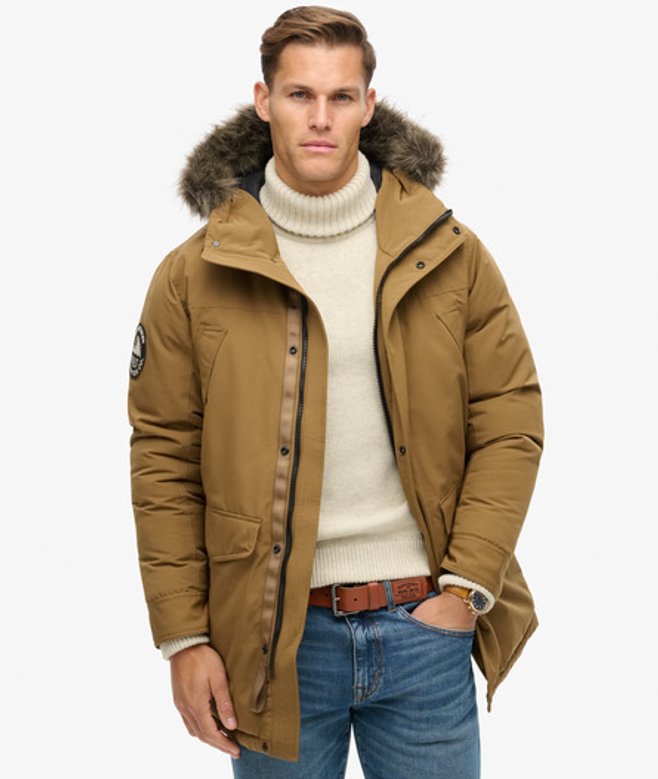Superdry Herren Everest Parka mit Kunstfellbesatz Braun - Größe: L von Superdry