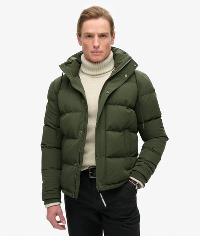Superdry Men's Everest Kurze Pufferjacke mit Kapuze Grün - Größe: S von Superdry
