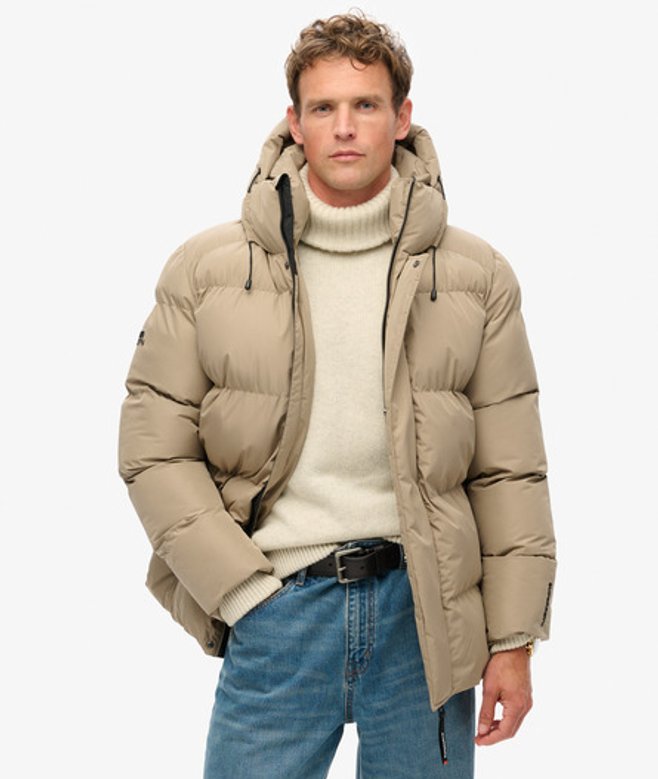 Superdry Herren Mittellange Sport-steppjacke mit Kapuze Braun - Größe: L von Superdry