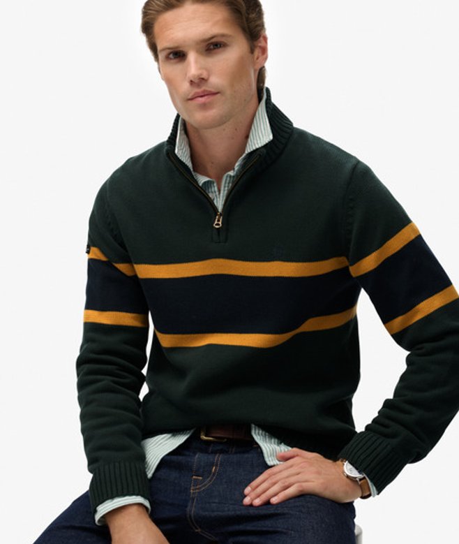 Superdry Herren Gestreifter Baumwoll-pullover mit Reißverschluss Green - Größe: M von Superdry