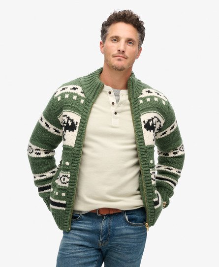 Superdry Men's Grob Gestrickter Cardigan mit Reißverschluss und Muster Grün - Größe: L von Superdry