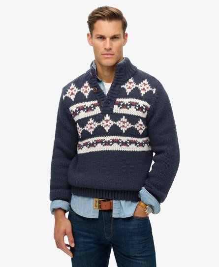 Superdry Men's Grob Gestrickter Henley-Pullover mit Muster Blau - Größe: L von Superdry