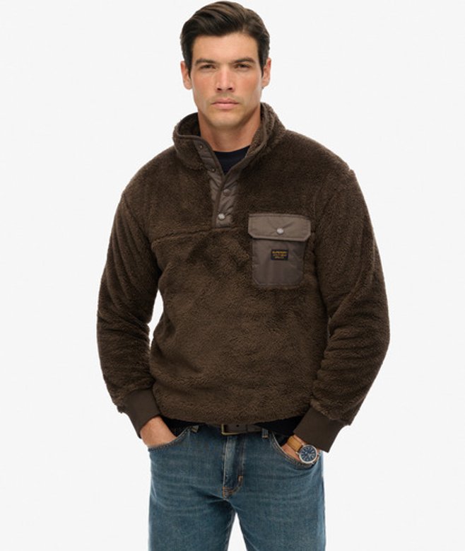 Superdry Herren Henley-pullover aus Hochflorigem Fleece Brown - Größe: M von Superdry