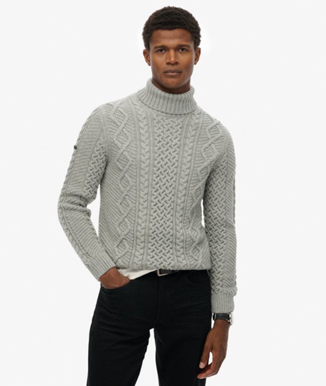 Superdry Herren Jacob Rollkragenpullover mit Zopfmuster Light Grey - Größe: L von Superdry