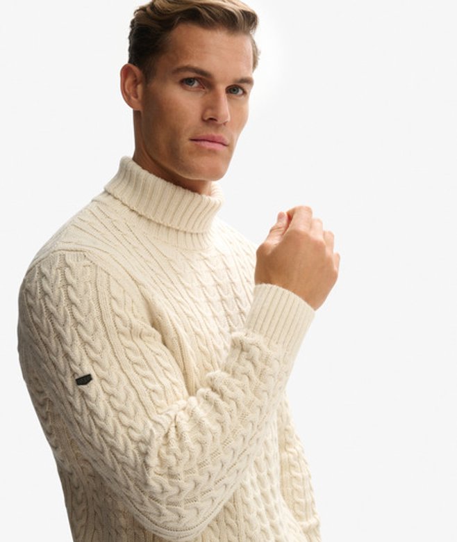 Superdry Herren Jacob Rollkragenpullover mit Zopfmuster White - Größe: S von Superdry