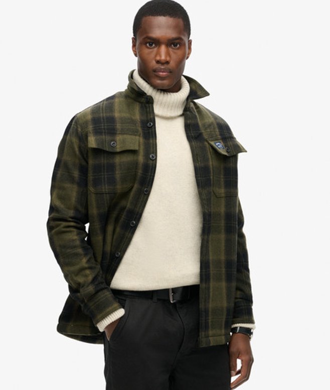 Superdry Herren Karierte Hemdjacke aus Wolle mit Fleecefutter Kaki - Größe: M von Superdry