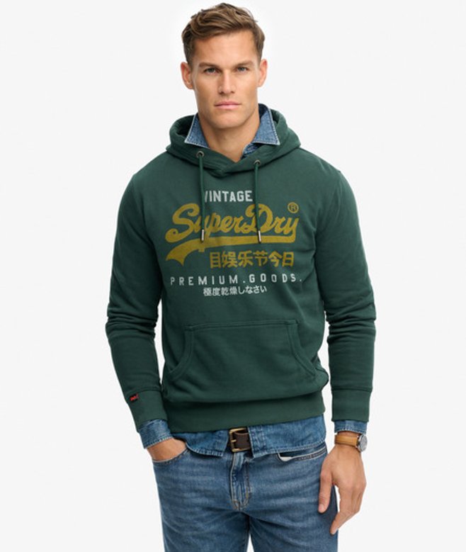 Superdry Herren Klassisches Duo Hoodie mit Vintage-logo Green - Größe: S von Superdry