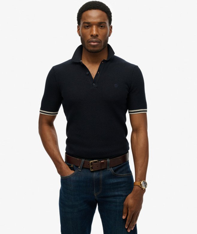 Superdry Herren Kurzärmeliges Strick-polohemd mit Struktur Navy - Größe: M von Superdry