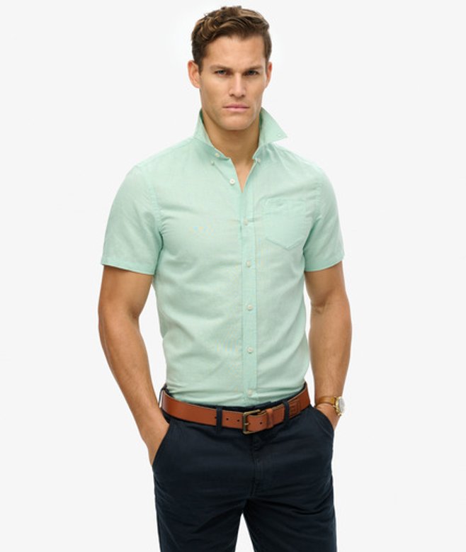 Superdry Herren Kurzarm-hemd aus Baumwolle und Leinen Green - Größe: L von Superdry