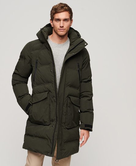 Superdry Men's Lang Geschnittene Steppjacke mit Kapuze Grün - Größe: L von Superdry