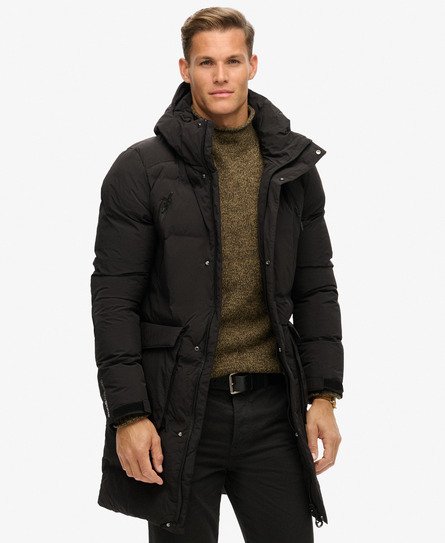 Superdry Men's Lang Geschnittene Steppjacke mit Kapuze Schwarz - Größe: S von Superdry