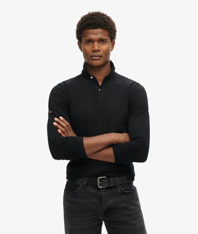 Superdry Herren Langärmeliges Studios Polohemd aus Jersey Schwarz - Größe: L von Superdry