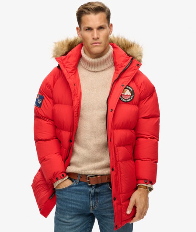 Superdry Herren Langer Everest Baffled Parka Rot - Größe: XL von Superdry