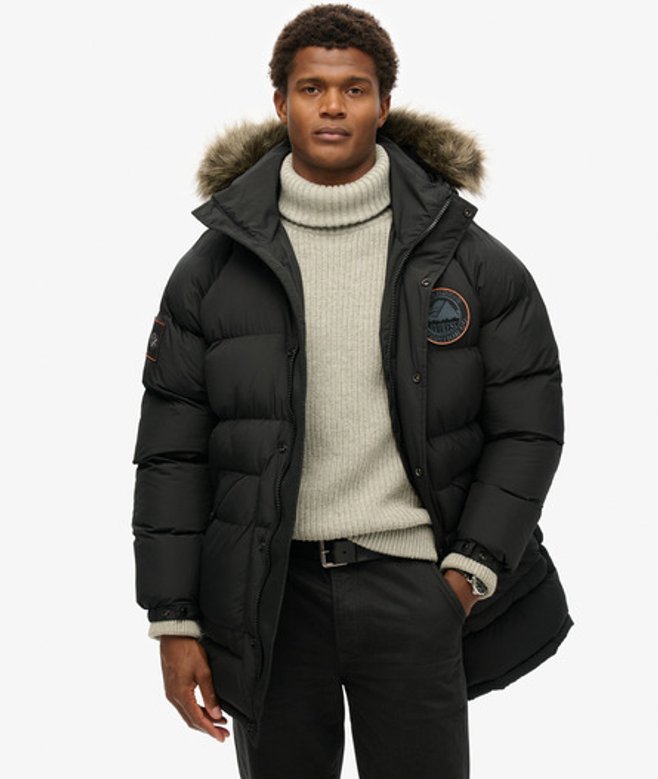 Superdry Herren Langer Everest Baffled Parka Schwarz - Größe: L von Superdry