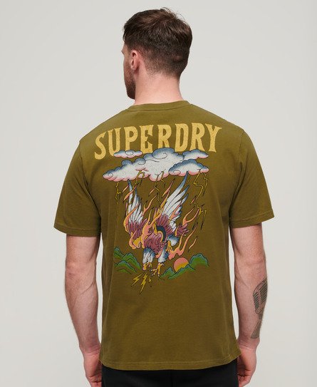 Superdry Herren Locker Geschnittenes T-Shirt mit Tattoo-Grafik Grün - Größe: L von Superdry