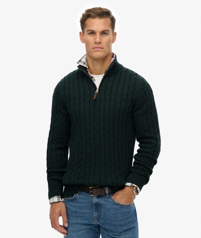 Superdry Herren Organic Cotton Klassischer Zopfmuster-pullover mit Reißverschluss Green - Größe: Xxl von Superdry