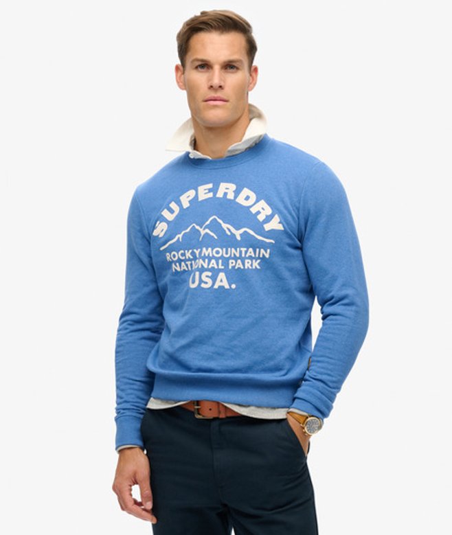 Superdry Herren Blau Outdoors Sweatshirt Mit Rundhalsausschnitt Und Grafikdruck, Größe: M von Superdry