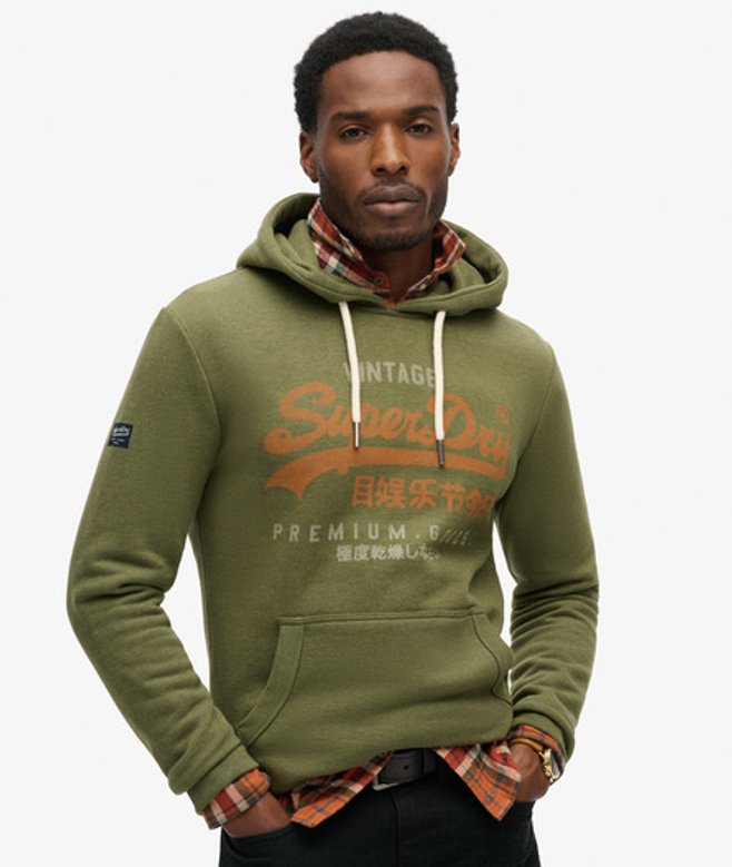Superdry Herren Premium Goods Hoodie mit Vintage Logo und Grafikprint Kaki - Größe: M von Superdry