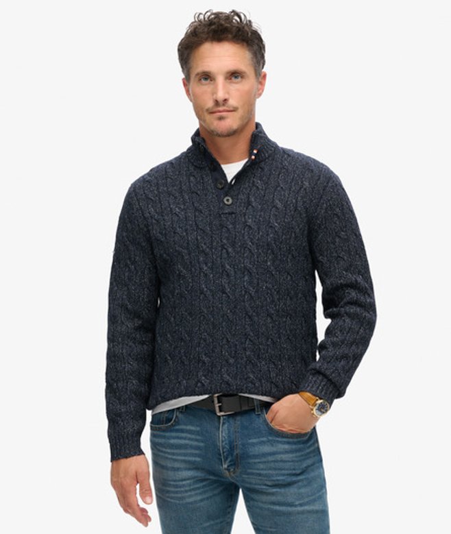 Superdry Herren Marineblau Pullover mit Zopfmuster und Knopfleiste, Größe: L von Superdry