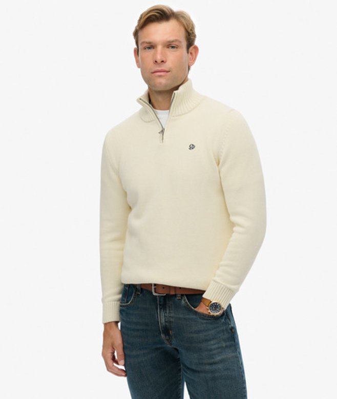 Superdry Herren Baumwoll-strickpullover mit Reißverschluss Cream - Größe: S von Superdry