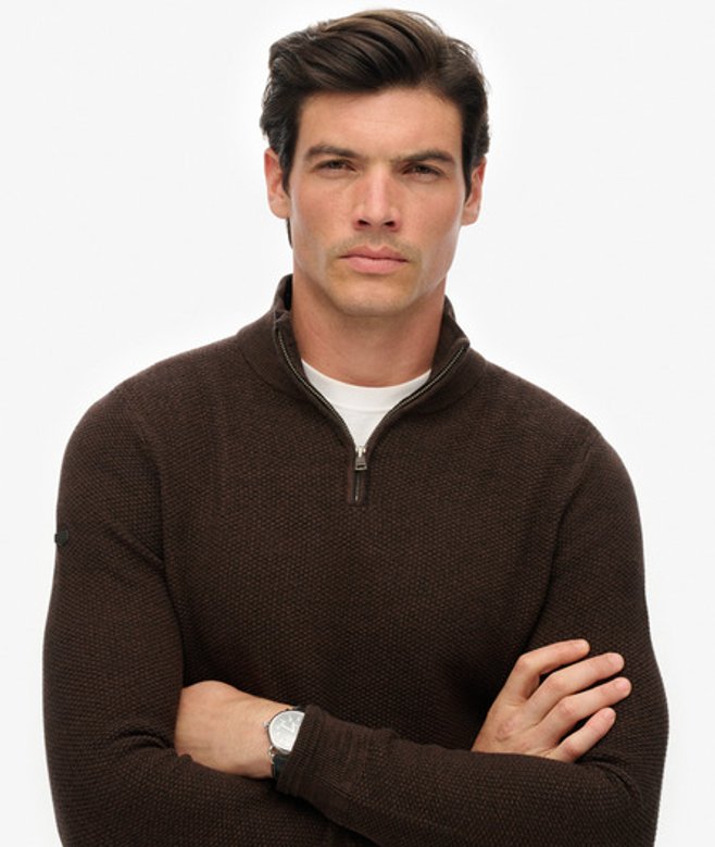 Superdry Herren Strukturierter Baumwollpullover mit Halblangem Reißverschluss Brown - Größe: L von Superdry